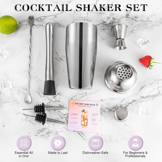 Cocktailmixersæt, 6-delt barsæt, Premium barsæt: Martini Shaker, Jigger, røreske, muddler, 2 skænkepropper; Barsæt med indbygget si