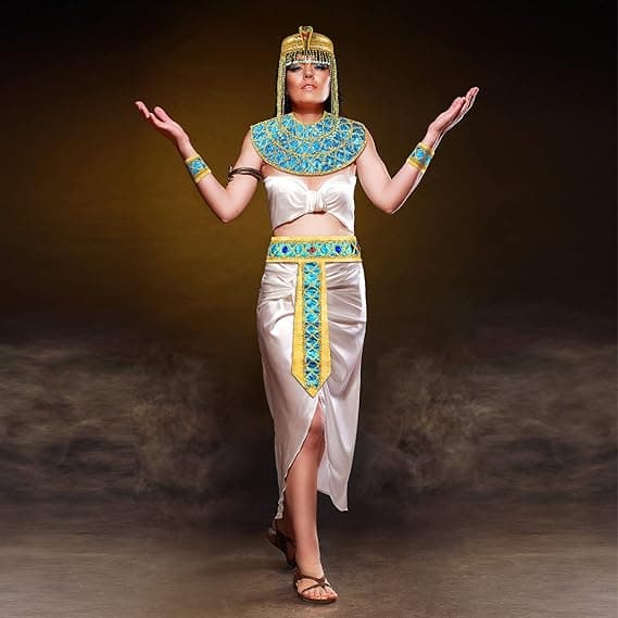 4-delt egyptisk kostymetilbehør for kvinner inkluderer en egyptisk prinsessehodeplagg, slangehodeplagg og armbånd.