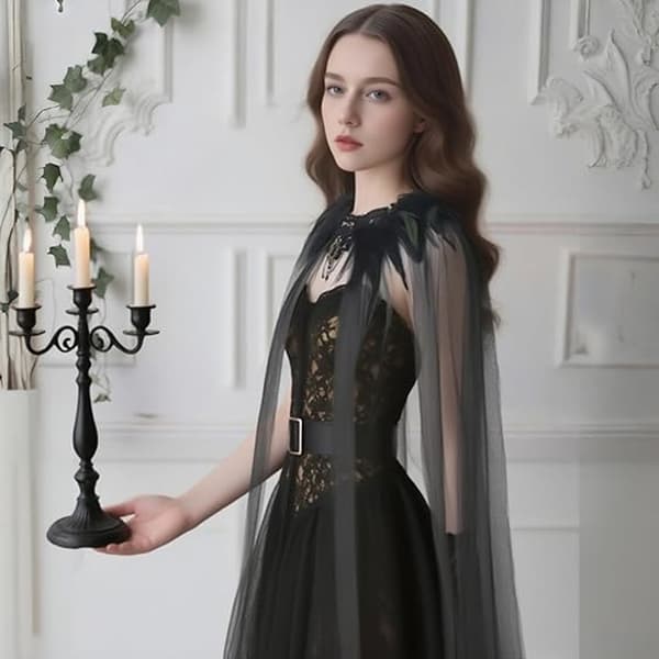 Gotisk fjer kappe, sort transparent blanding imiteret fjer kappe, Halloween tyl kappe