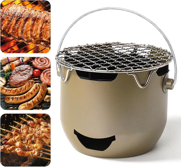 Bærbar kullgrill, mini kullgrill i rustfritt stål, liten utendørs matlagingsgrill, piknik