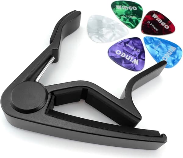 Gitarr capo, lämplig för akustiska och elektriska gitarrer, inkluderar 5 plektrum gratis, svart.