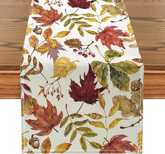 Duk – Høstbordløper – 33x183 cm – Lin – Med lønneblader – For Thanksgiving og høstdekor