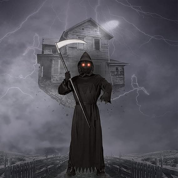 Halloween Grim Reaper Kostume Børn Mørk Ridder Lysende Øjne Reaper Phantom Outfit L