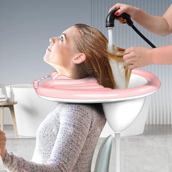 Oppustelig shampoo-vask – med luftpumpe og afløbsslange – til hårvask liggende – lyserød