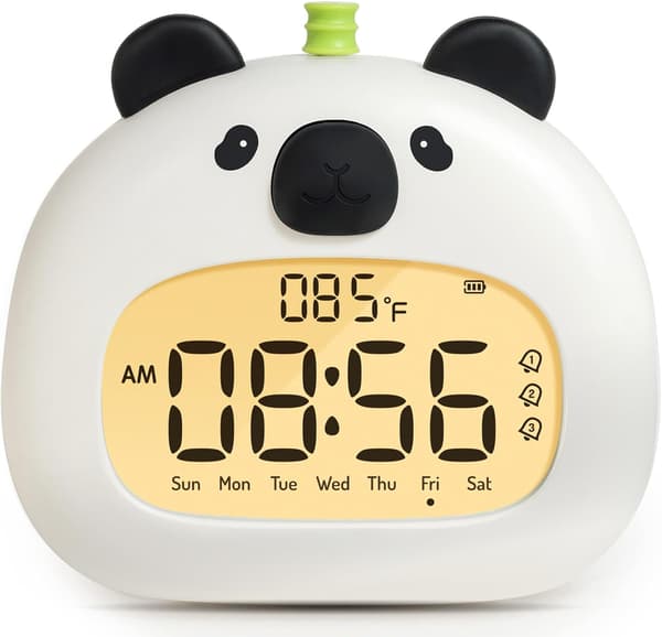 Panda Vækkeur til Børn, LCD natlys med dæmpningsfunktion, USB genopladelig søvntræner, 3 alarmtimere.