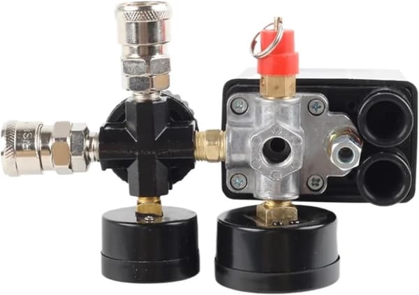 Luftkompressorpump Tryckkontrollbrytare 4 Port 220V Grenrör Avlastningsregulator Kontrollventil med Mätare