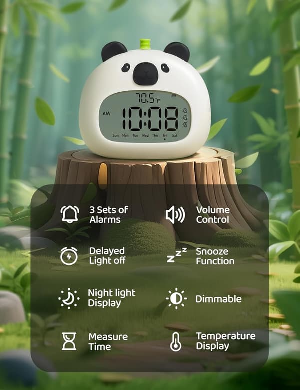 Panda Vækkeur til Børn, LCD natlys med dæmpningsfunktion, USB genopladelig søvntræner, 3 alarmtimere.