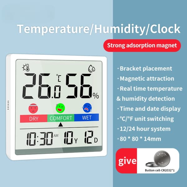3,3-tums exakt hygrometer inomhustermometer, med magnetisk adsorption, stöd, luftkomfortindikator, tid, datum