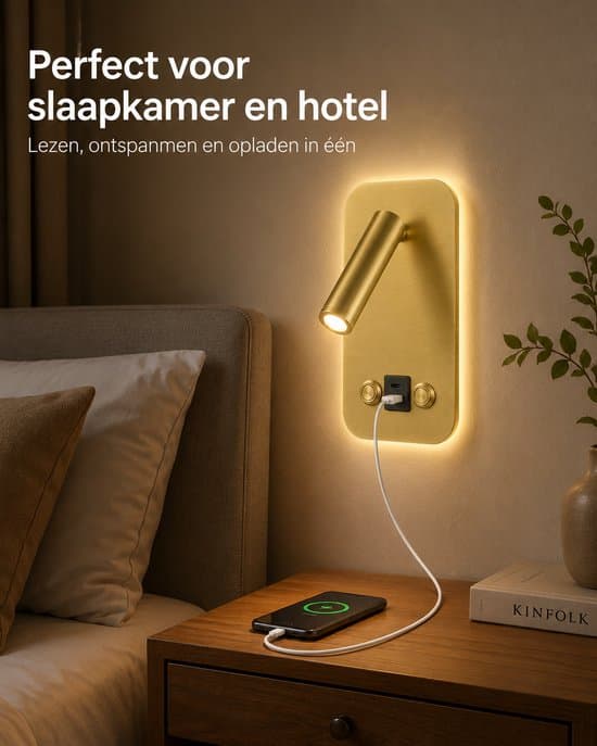 Væglampe med læselampe - Dæmpbar LED sengelampe med USB-A og USB-C - 8W + 3W - Kobberfinish - Til soveværelset