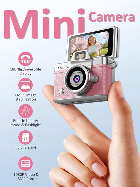 Kamera – Digitalkamera – Minikamera – 1080P – 32GB – Lommeformat – Egnet for barn og voksne, samleobjekt og reisegave – Rosa