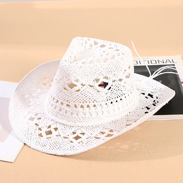 Stråhat Ventileret Hul Rund Sammenfoldelig Western Cowboy Strandhat Fotorekvisitter White