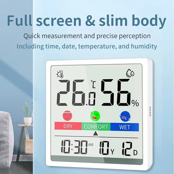 3,3-tums exakt hygrometer inomhustermometer, med magnetisk adsorption, stöd, luftkomfortindikator, tid, datum