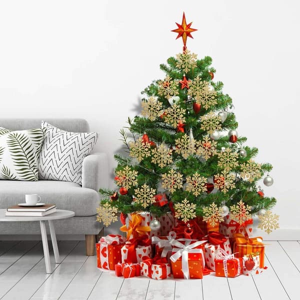 Julgranspynt i plast med glitter, snöflingor, 10 cm, 36-pack Gold