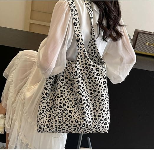 Overdimensionerede skuldertasker med leopardprint til kvinder Deformerbare lærredstasker med stor kapacitet til shopping White