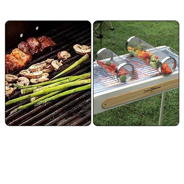 Grillkurv i rustfritt stål, sylindrisk, 30 cm, med trehåndtak