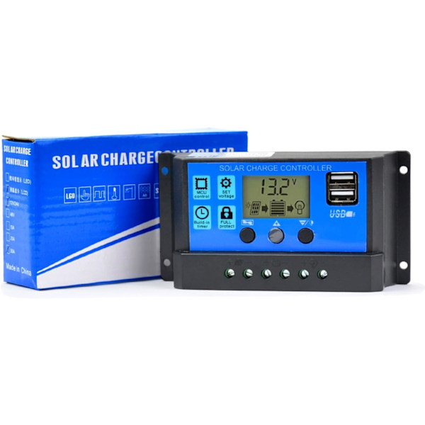 Solar ladecontroller PWM 30A 12V/24V Auto Parameter Solpanel Regulator med Justerbar LCD-skærm Dobbelt USB-port Timerindstilling PWM MPPT