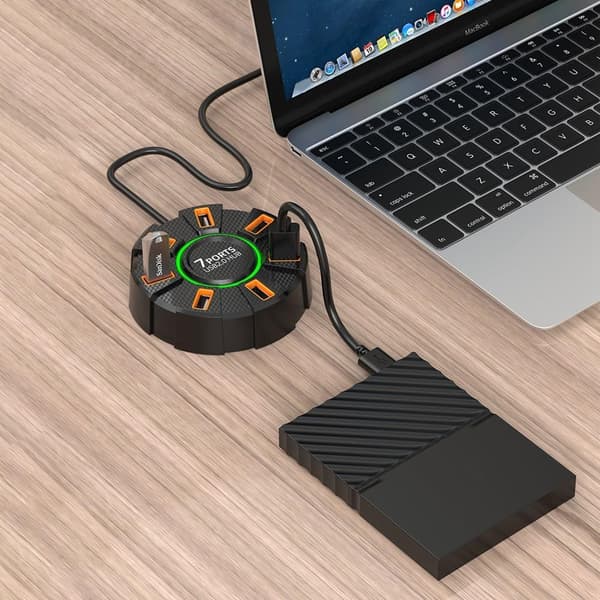 USB 2.0 Multi-Port Hub-adapter — 5 Gbps høyhastighets USB-utvider (med strømadapter), for stasjonære og bærbare datamaskiner — 7 porter, 1,2 m kabellengde