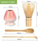 Matcha set - Matcha visp - Set om 4 - Matcha skål i bambu - 11cm - Traditionell sked (te) - Tesked - Omrörningsställ - Perfekt matcha set i bambu - Rosa