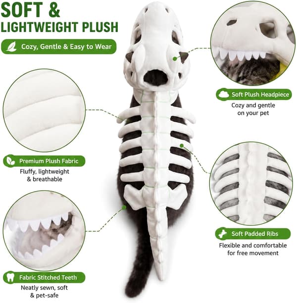 Kattekostume Dinosaur Skelet 3D Skelet, Hvid: M | Dinosaur Skelet Kattekostume, Realistisk 3D Halloween M