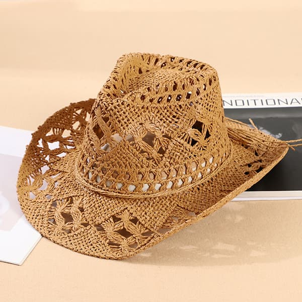 Stråhat Ventileret Hul Rund Sammenfoldelig Western Cowboy Strandhat Fotorekvisitter Khaki