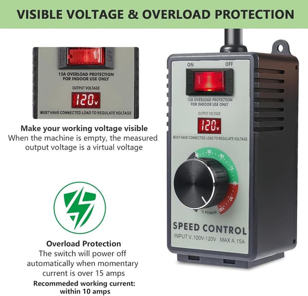 AC Motorhastighetskontroller for Børstede Motorer - 120V 15A Variabel Hastighetskontroll med LED Spenningsdisplay og Overbelastningsbeskyttelse, Viftehastighetskontroller