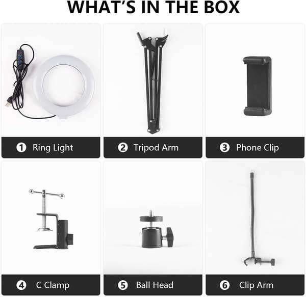 6\" LED-ringlys til skrivebord, overhead-kameramontering med ringlys og telefonholder, overhead-telefonmonteringsarmstativ studielamper til fotografering