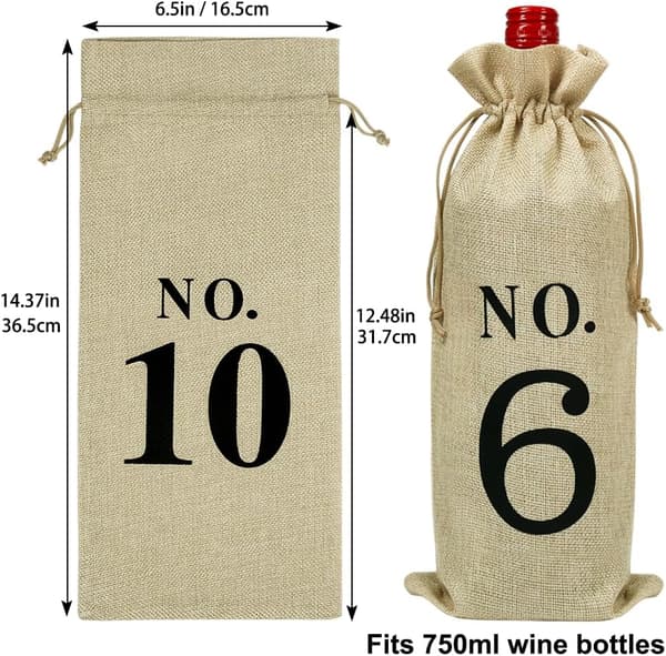 10-pack Jute Vinpåsar, 35,5 x 16 cm Hessian Numrerade Flaskpresentpåsar med Dragsko för Blinda Vinprovningar (Brun)