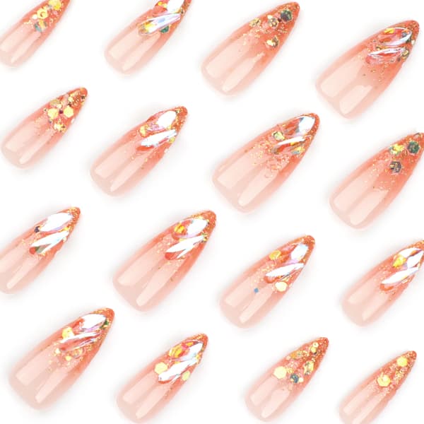 24 st korta mandelnaglar, guldglittriga nageltippar, strasslösnaglar, gradient nagelkonst