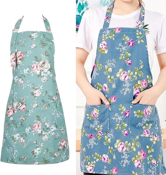 2-delt sett med blomstrete kjøkkenforklær for kvinner, egnet for matlaging og baking; justerbar størrelse