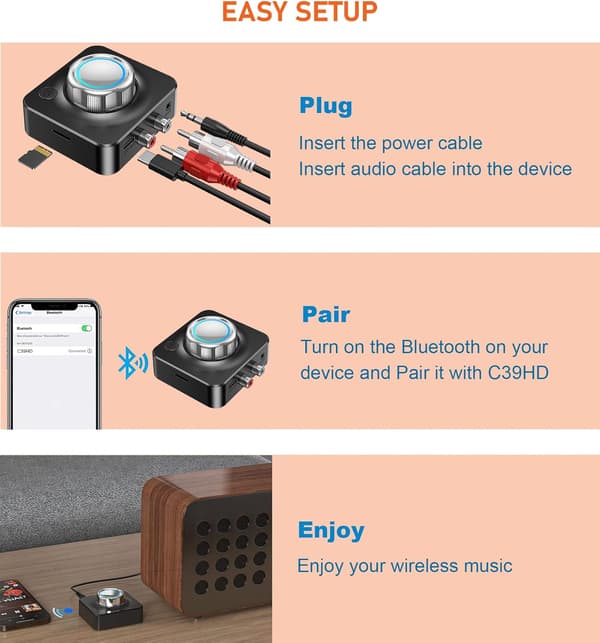 Hjemmestereo Bluetooth-mottaker, RCA Bluetooth-adapter for gamle mottakere med 3D-surroundlyd