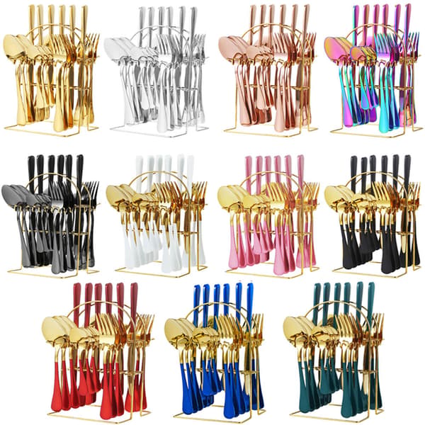 Elegant 24 stk. bestiksæt i rustfrit stål med holder i rustfrit stål Pink gold