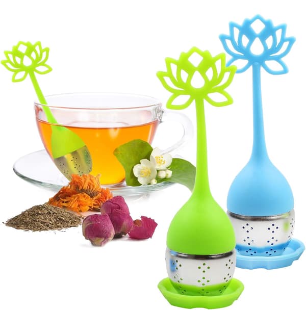Teinfuserfilter 2-pak rustfrit stål tekugle - Løs te-steamer net te kopfilter med blomsterformet silikonehåndtag til løsbladet eller urtete