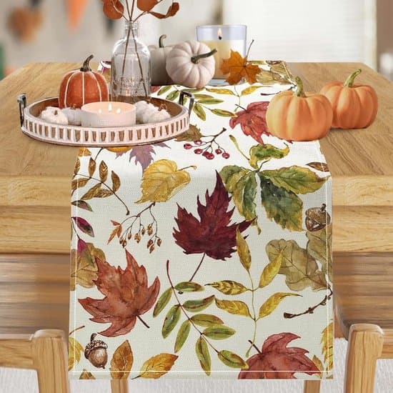 Duk – Høstbordløper – 33x183 cm – Lin – Med lønneblader – For Thanksgiving og høstdekor