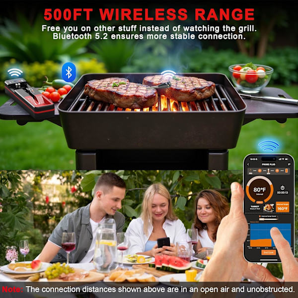 Smart Bluetooth Stegetermometer, Langtrækkende Trådløst Kødtermometer til Ovn, Grill, Rygning, BBQ & Airfryer, Digital Dobbelt Sensor Probe