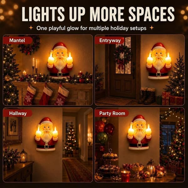 Naughty Glow Santa, jul-tomte som visar långfingret, hängande spänne på baksidan samt dubbel användning för vägg- och bordsdisplay, samlarstaty i harts