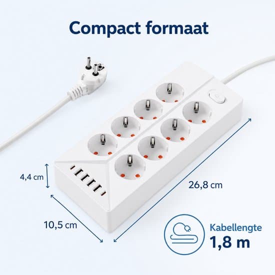 Strømuttak med 8 uttak, 4 USB- og 2 USB-C-porter - 1,8 m kabel - For skrivebord, hjem og kontor