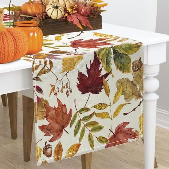 Duk – Høstbordløper – 33x183 cm – Lin – Med lønneblader – For Thanksgiving og høstdekor