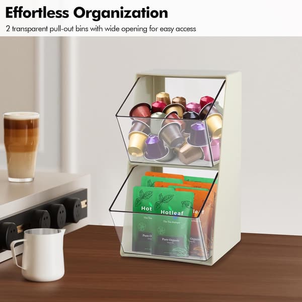 Te-pose-organizer med 2 skuffer, kaffekapselholder, plastikopbevaringsholder til te-poser, fløde, sukkerposer