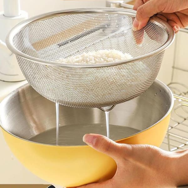 Sikt i rustfritt stål med miksebolle, risvaskebolle, silbolle for tilberedning av frukt, grønnsaker og pasta