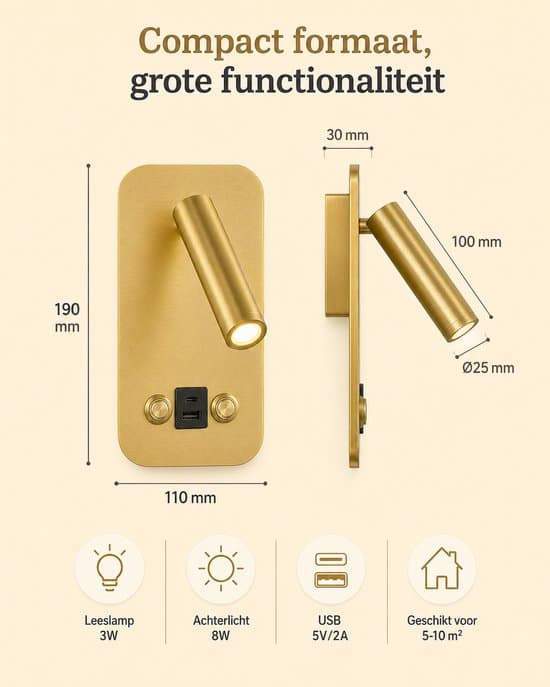 Væglampe med læselampe - Dæmpbar LED sengelampe med USB-A og USB-C - 8W + 3W - Kobberfinish - Til soveværelset