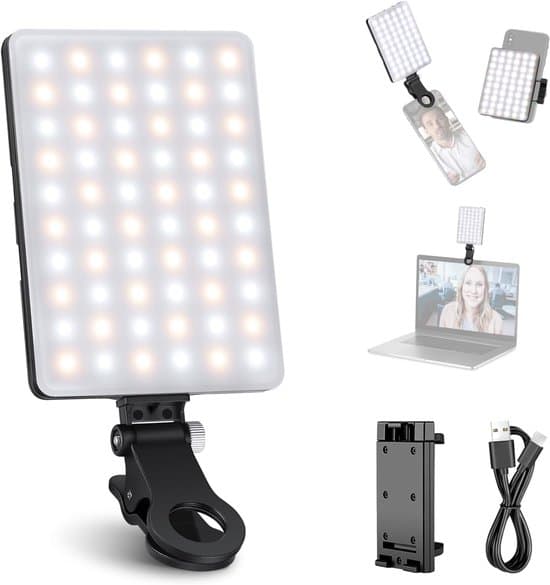 Selfie-lys Inkluderer mobiltelefonklips 60 LED-er 3 lysinnstillinger Bærbart klipslys for telefoner og datamaskiner USB-oppladbart Kompakt