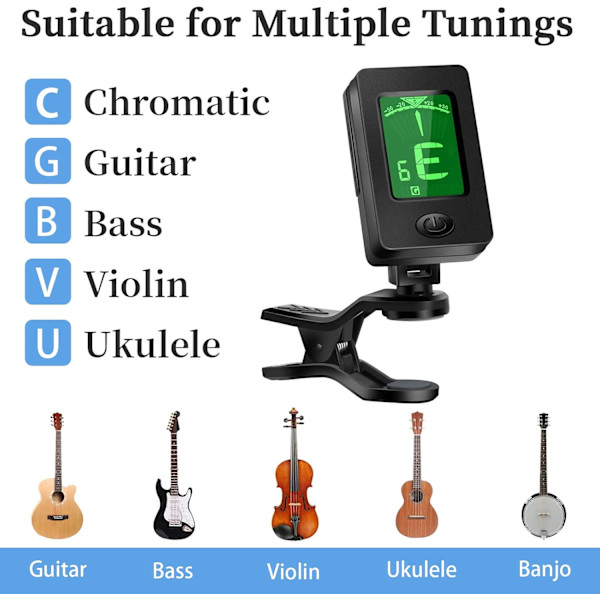 Gitarr Capo, Gitarrplektrum, Gitarrtillbehör, Gitarrstämmare för alla instrument Clip-on elektronisk stämmare för gitarr bas ukulele fiol mandolin banjo