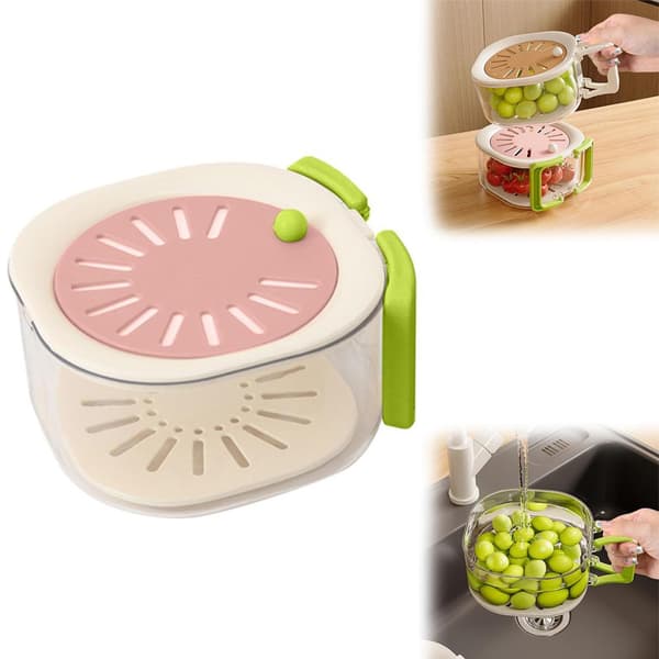 Fruktskål med lock och sil, silskål med handtag, grönsaksavlopp, matförvaring i kylskåp strawberry pink