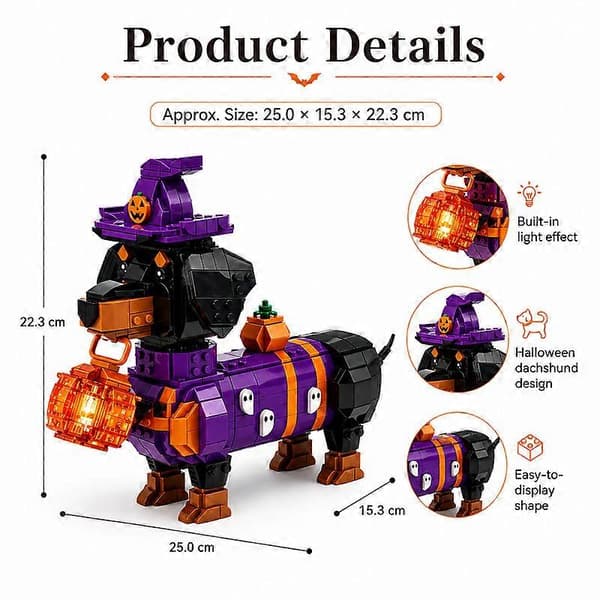 2026 Sød Halloween Gravhund Murstensmodel, LED Lysende Græskar Lanterne Design Byggeklodser, Festlig Skrivebordsdekoration & Kreativ Samlegave