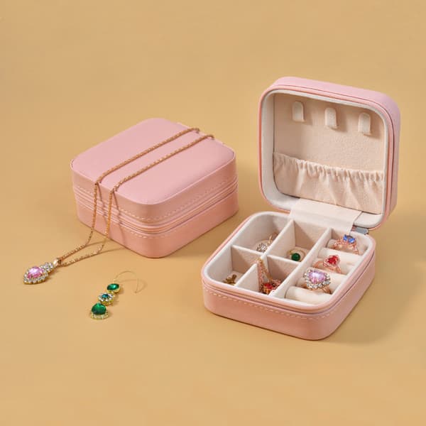Bärbart Mini Smyckeskrin i Läder Smycken Ring Organizer Fodral Förvaringspresentask Flickor Kvinnor (ROSA).