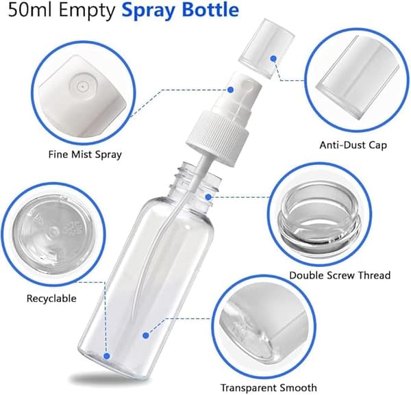 Förpackning med 6 50 ml transparenta tomma påfyllningsbara återanvändbara finfördelande sprayflaskor i plast
