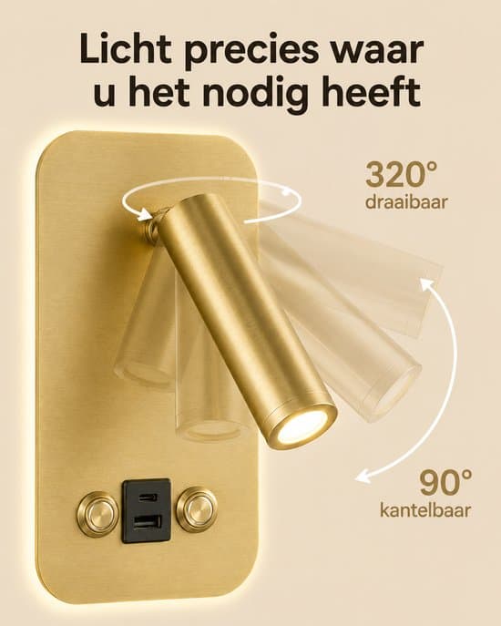 Væglampe med læselampe - Dæmpbar LED sengelampe med USB-A og USB-C - 8W + 3W - Kobberfinish - Til soveværelset