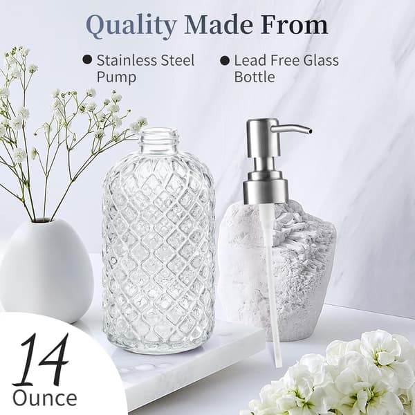 Genanvendelig 414 ml glassæbedispenser med en rustfri pumpe i rustfrit stål til dosering af håndsæbe, showergel og lotion.