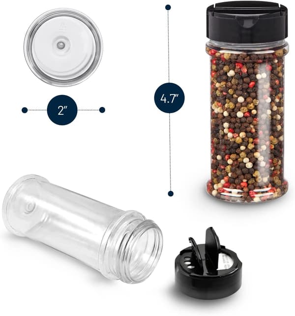 Sæt med 6 krydderiglas i plastik med drysselåg til opbevaring af krydderier, urter og krydderipulver
