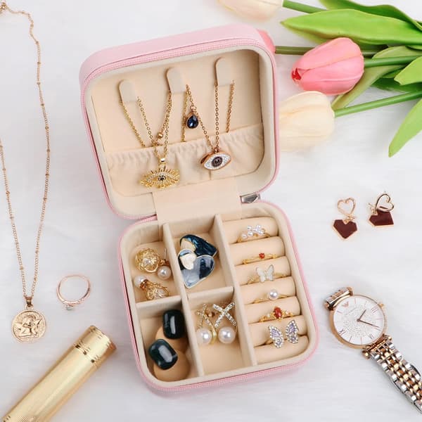Bärbart Mini Smyckeskrin i Läder Smycken Ring Organizer Fodral Förvaringspresentask Flickor Kvinnor (ROSA).
